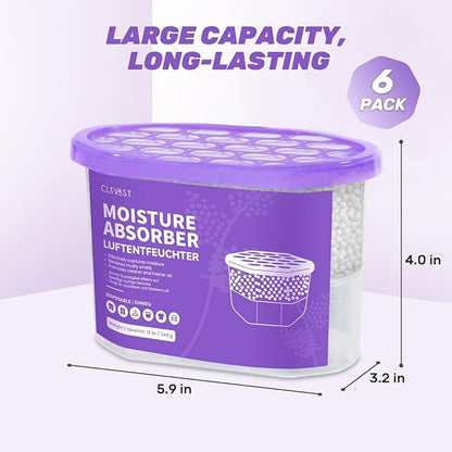 CLEVAST Moisture Absorber Boxes 6 Pack, 12 Oz Dehumidifier for Closet & Bathroom, Humidity Absorber for Wardrobe, Bedroom, RV & Car, Moisture Control, Lavender Scented