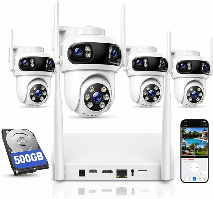 CAMCAMP Triple-Lens Wireless Security Camera System Outdoor with 12 Views | 4 Auto Huamn Tracking PTZ Cameras & 10CH 500GB NVR Kit, Dual-Band WiFi Home Surveillance for Multi-Angle Property Protection