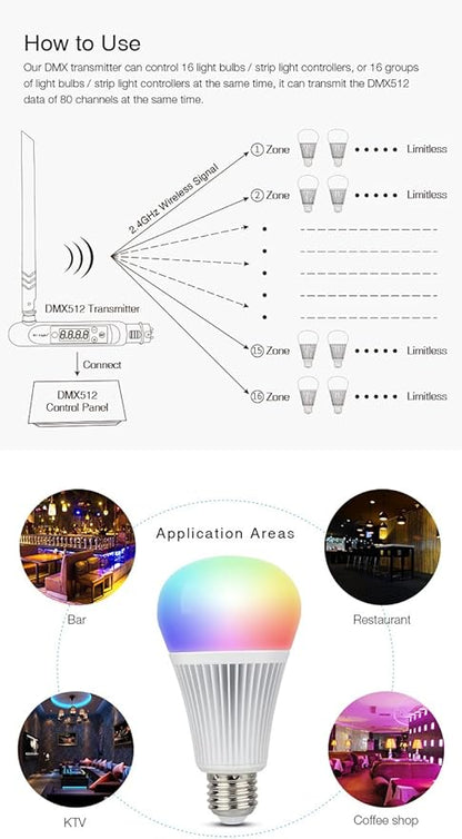 LGIDTECH DMX512 LED Light Bulb Miboxer 9W RGB+CCT Color Changing and Color Temperature Adjustable, Work with DMX512 Console Panel Via Milight DMX512 Transmitter (Sold Separately)