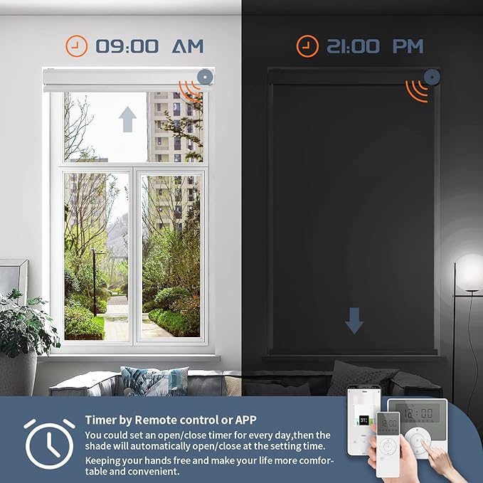 Motorized Blinds Compatible with Alexa Google Custom to 116" Width 100% Blackout Smart Blind Automatic Large Window Roller Shades Remote Control Striped Light Coffee