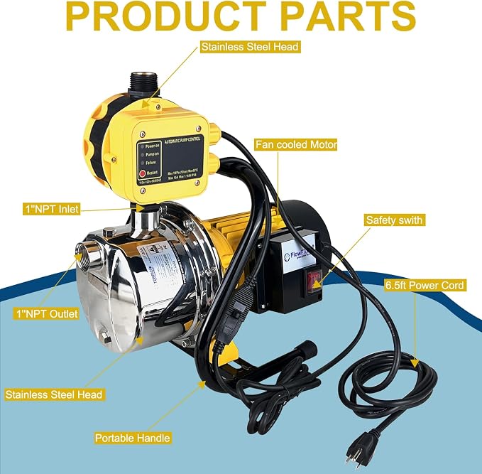 1 HP Shallow Well Jet Pump with Automatic Control for Whole House,110v Water Pressure Booster Pump Smart Pressure with Switch System,Stainless Steel Water Pump for Home Garden Irrigation
