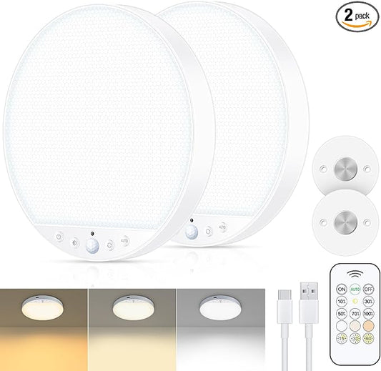 Rechargeable 6W Motion Sensor Ceiling Light Indoor, No Wiring & Magnetic Stick-On, Remote Control for Color & Brightness, Battery Operated Light for Shower, Closet, Bathroom, Pantry, Hallway, 2-Pack