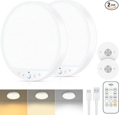 Rechargeable 8W Motion Sensor Ceiling Light Indoor, No Wiring & Magnetic Stick-On, Remote Control for Color & Brightness, Battery Operated Light for Shower, Closet, Bathroom, Pantry, Hallway, 2-Pack