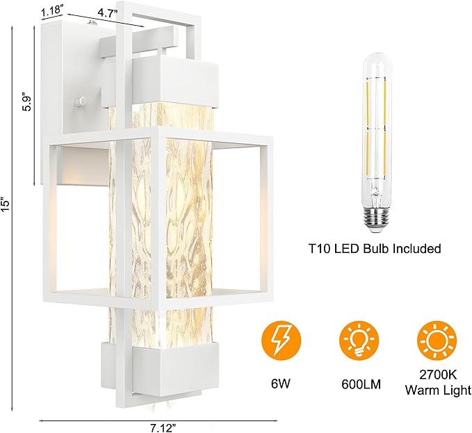 PARTPHONER Modern Outdoor Wall Porch Lights 2 Pack, 15" Exterior Sconce Waterproof Dusk to Dawn Lighting, White