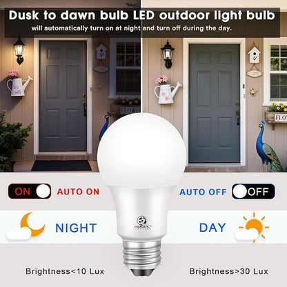 Dusk to Dawn LED Outdoor Light Bulb, 75 Watt Equivalent, 9W 1100 Lumens, 4000K Cool White LED Light Bulbs, E26 Base, Automatic On/Off Sensor Light Bulb for Porch, Hallway, Garage, ETL Listed, 4-Pack