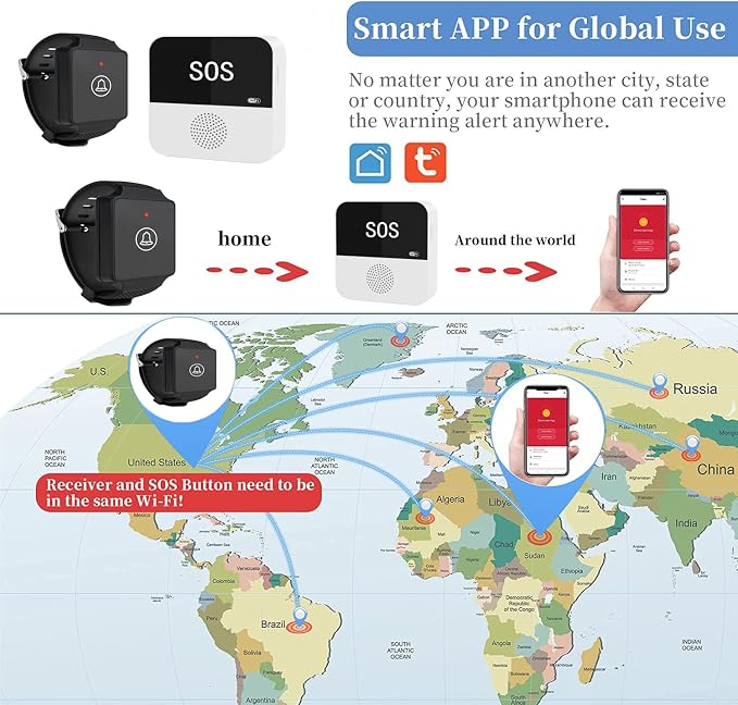 WiFi Caregiver Call Button System Smart App Alert Wrist Pager Emergency Call Button Personal Help Device for Elderly Patients (1 Bracelet + 1 Receiver)