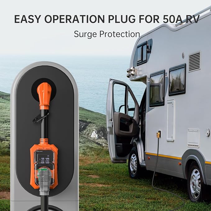 RV Surge Protector 50 Amp Waterproof- Smart 50Amp Power Protectors with Real-Time KWH, Voltage, and Current Monitor Screen, LED Display Circuit Analyzer for Camper Travel Trailer (Orange, 50 Amp)
