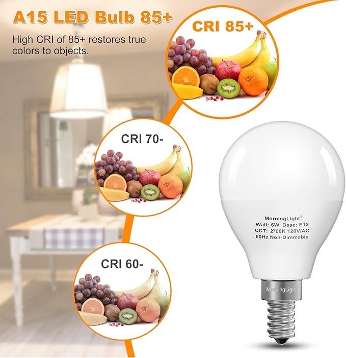 MorningLight E12 LED Bulbs 60W Equivalent, 2700K Warm White, E12 Small Base Candelabra Round Light Bulb, 600LM, Non-Dimmable, A15 Light Bulb for Ceiling Fan, Modern & Rustic Lighting Fixtures, 6 Pack