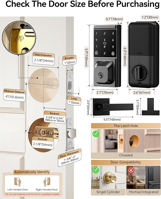 Smart Deadbolt Lock with 2 Lever Handles, Keyless Entry Door Lock Set, Fingerprint, Touchscreen Keypad, APP Control, Temporary Passcode, Auto Lock, IP54 Waterproof, Easy Install for Front Door