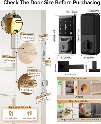 Smart Deadbolt Lock with 2 Lever Handles, Keyless Entry Door Lock Set, Fingerprint, Touchscreen Keypad, APP Control, Temporary Passcode, Auto Lock, IP54 Waterproof, Easy Install for Front Door