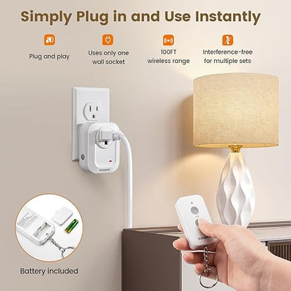 SURAIELEC Wireless Light Switch Remote Control Outlet, No Wiring Needed, 100ft RF Range, Pre-Programmed, Expandable Keychain Remote Switch Kit for Lamps, Fans, Christmas Trees, Small Appliances