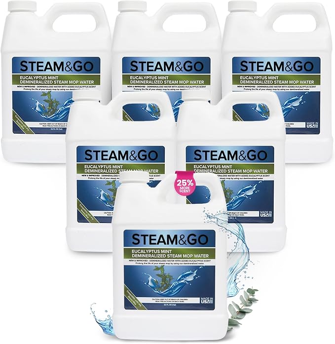Steam & Go Scented Demineralized Water, Eucalyptus Mint, 32 fl oz (6-Pack) | Mineral-Free, Ready-to-Use Floor & Garment Steamer Solution; Prevents Buildup, Supports Steam Performance