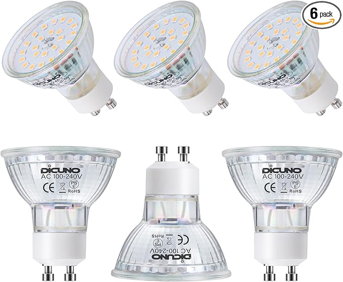 DiCUNO GU10 LED Light Bulbs, 6W 60W Halogen Replacement, Warm White 2700K, 700lm, Full Glass Cover 120 Degree Beam Angle, 120V, MR16 GU10 LED Non-dimmable, Spotlight Track Lighting, 6-Pack