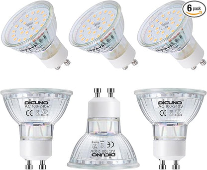 DiCUNO GU10 LED Light Bulbs, 6W 60W Halogen Replacement, Warm White 2700K, 700lm, Full Glass Cover 120 Degree Beam Angle, 120V, MR16 GU10 LED Non-dimmable, Spotlight Track Lighting, 6-Pack