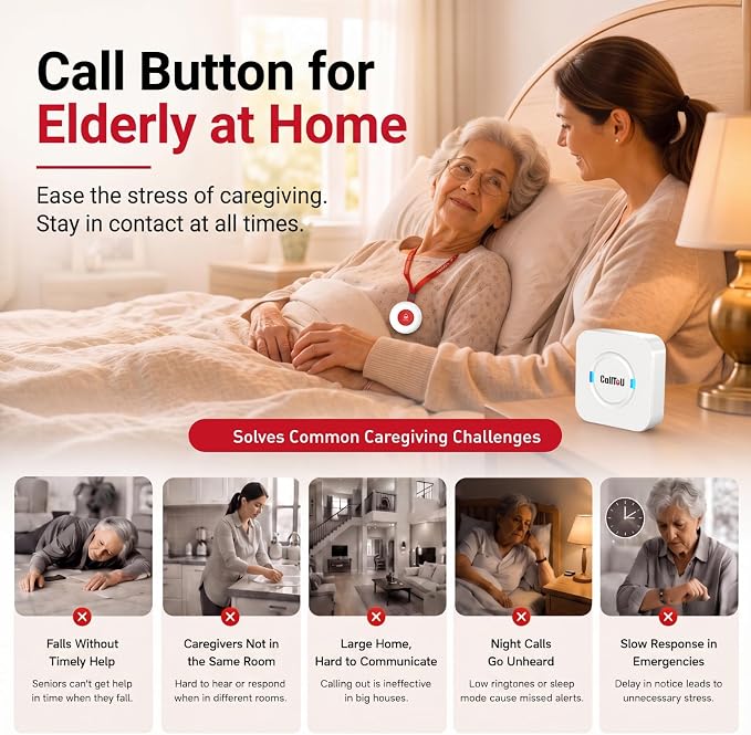 CallToU Wireless Caregiver Pager 2 Call Buttons+1 Battery-Powered Receivers | Easy Setup, Loud Whole-Home Alerts, Peace of Mind, Waterproof Call Button for Elderly, Seniors, Patients and Home Caregivers