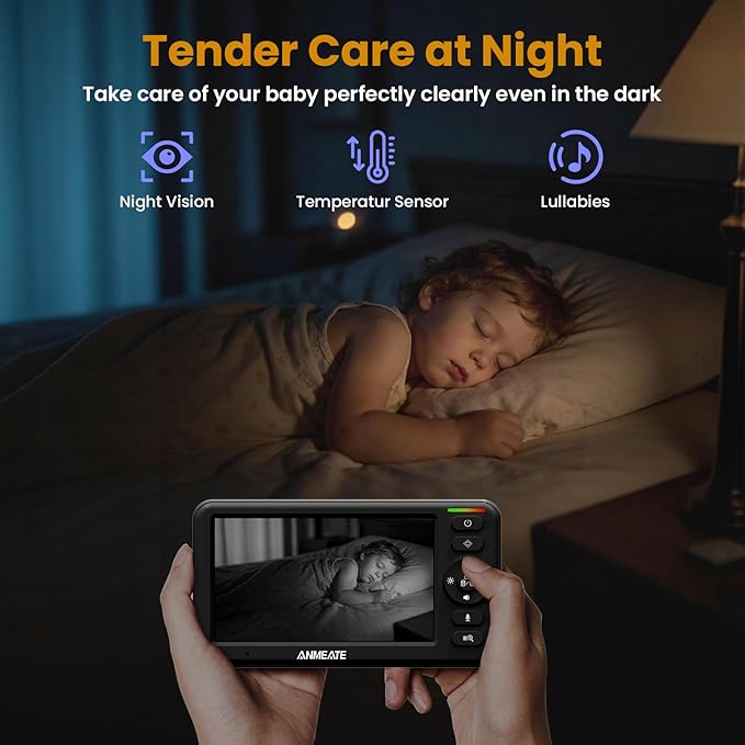 Baby Monitor with Camera and Audio – 720P Baby Camera No WiFi, 5" HD Display,Remote Pan& Tilt& Zoom, 48 Hours Battery Life, HD Night Vision, Two-Way Talk, Lullabies, Thermal Monitor, 1000ft Range