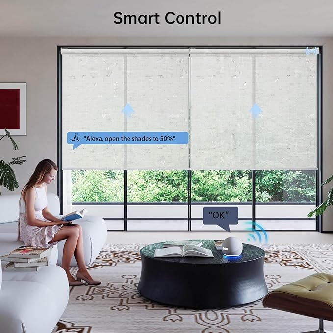 Motorized Coupled Shades, Light Filtering Smart Blinds for Large Windows Automatic Blinds Compatible with Alexa, Electric Roller Shades Customized for Living Room Home Office(Linen Beige)