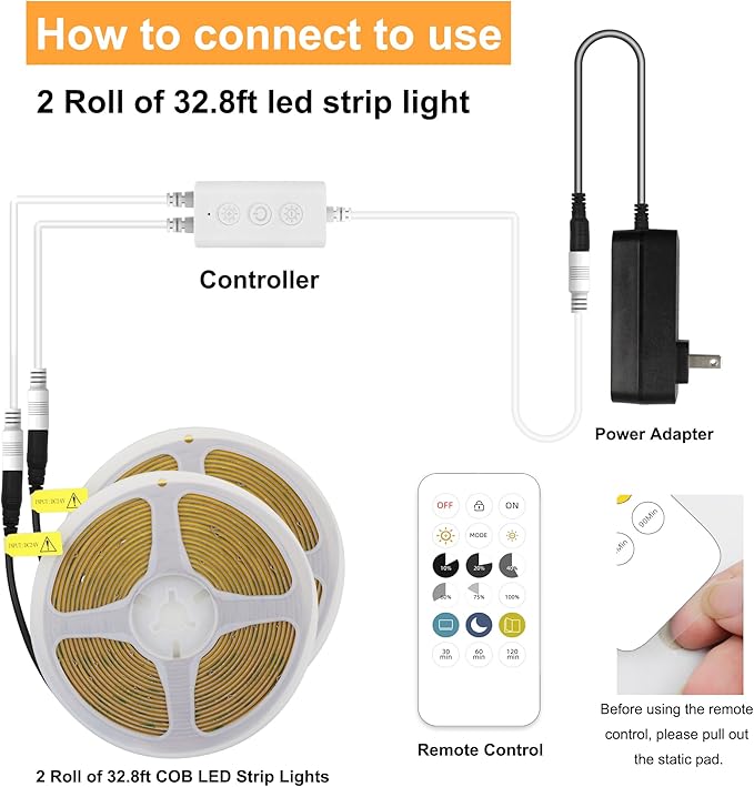AXMOTUT 65.6ft COB LED Strip Light Natural White, High Bright LED Strips with 320LEDs,RF Remote and UL Power Supply,4000K Dimmable LED Lights for Bedroom,Kitchen,DIY Home Decoration, 2 Rolls of 32.8ft