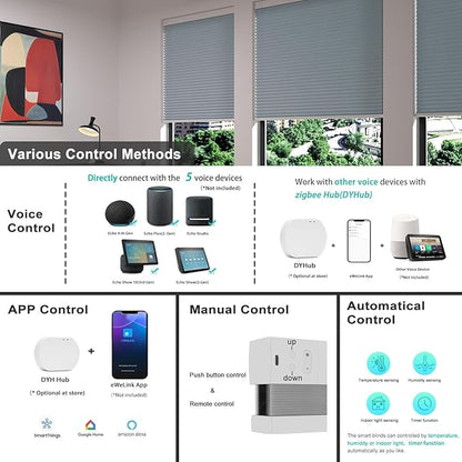 Changshade Smart Blinds Cellular Shades for Windows Doors Motorized with Remote Control, Custom Size Automatic Honeycomb Blind Electric Power Compatible with Alexa, Google Home, Light Filtering, Blue