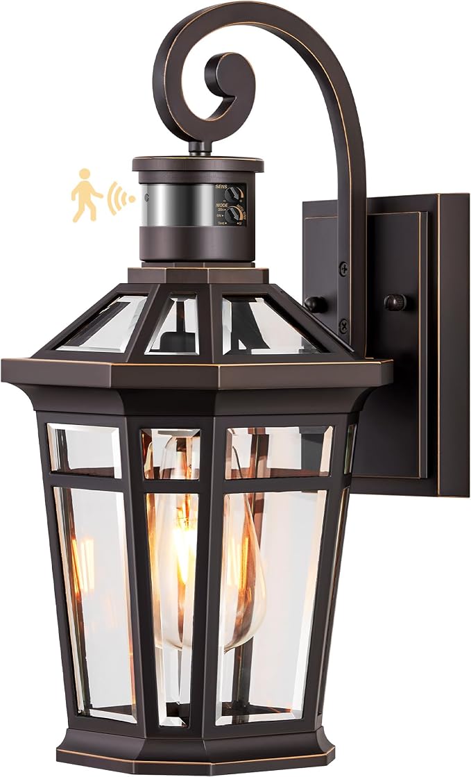 Motion Sensor Porch Lights Outdoor Wall Mount, Oil Rubbed Bronze Exterior Wall Sconce Lantern with E26 Socket, Waterproof Dusk to Dawn Outdoor Lighting Fixtures, Coach Lights for Garage, Patio