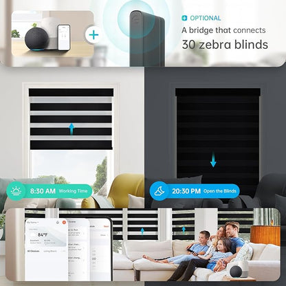 DENFOON Motorized Zebra Blinds, Solar Powered Dual Layer Automatic Shades with Remote Control, Rechargeable Smart Blinds Horizontal Wireless Electric Shades for Windows. Black， 23 x 72