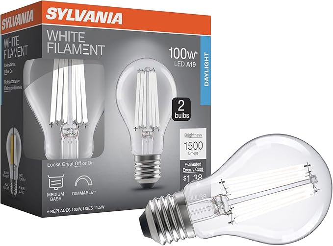 Sylvania A19 Clear LED White Filament Bulb, 11.5W, Dimmable, 1500 LMS, Medium Base, 5000K, Daylight - 2 Pack (42173)