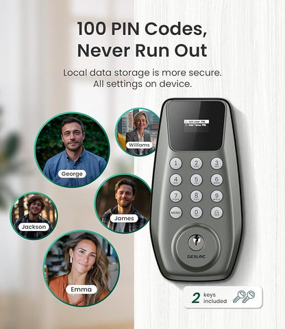 DESLOC C100 Keyless Entry Door Lock with Visual Display, 100 Customizable User Codes and 4 One-Pass code, door locks for front door with 2 Keys,12 Months Battery, IP54, BHMA Grade 3, Auto Lock, Nickel