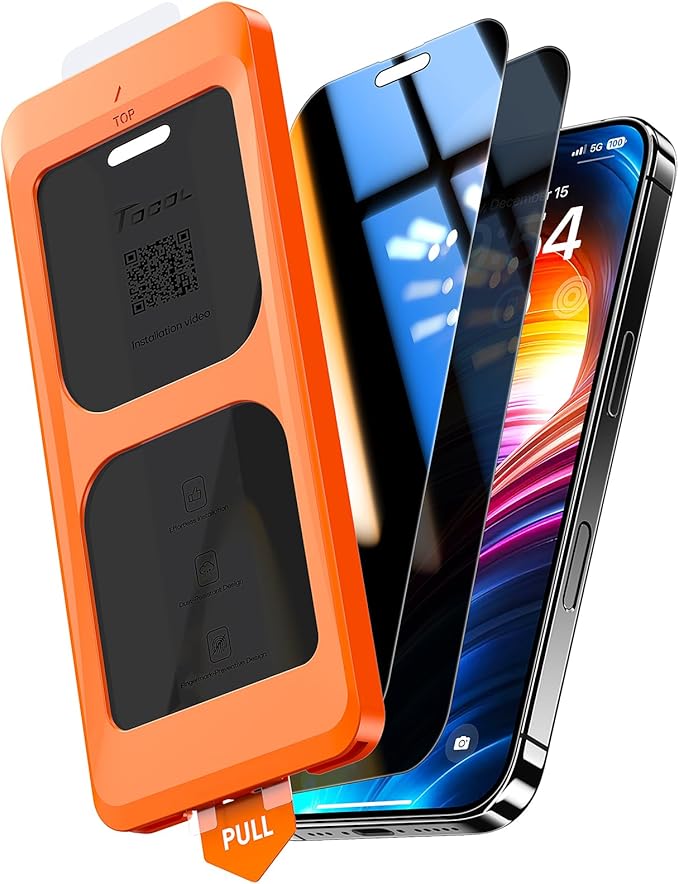 TOCOL for iPhone 16 Plus 15 Plus Privacy Screen Protector True 25°Anti Spy 9H+ Hardness Tempered Glass Full Coverage Screen Protector Easy Installation 2 Pack