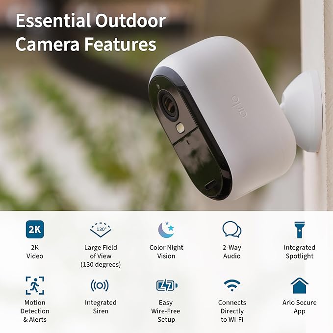 Arlo Essential 2K Security Cam (2nd Gen) – Wireless, Indoor/Outdoor, 3-Cam Set, Color Night Vision, 2-Way Audio, Motion Alerts, Spotlight – White (Renewed)