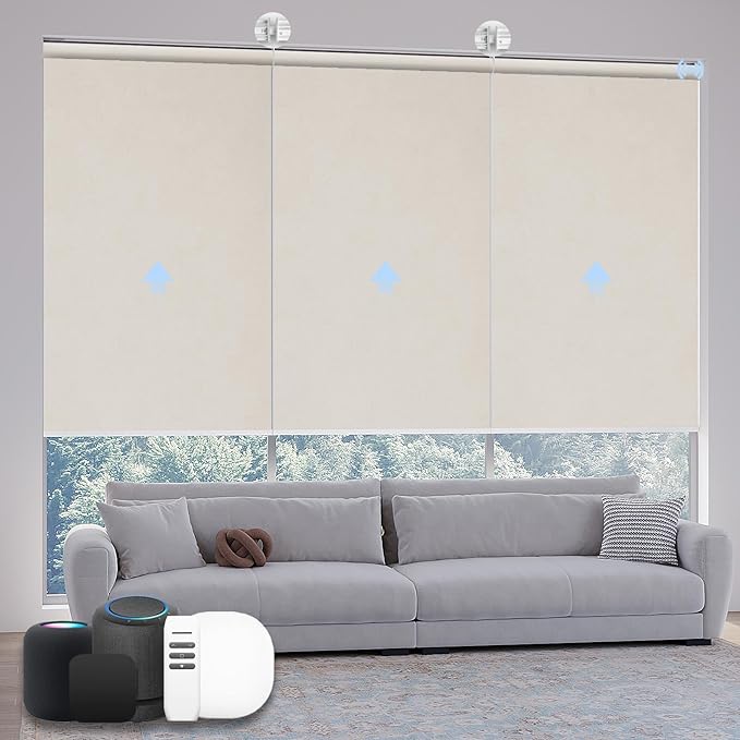 Motorized Coupled Shades, Blackout Smart Blinds for Large Windows Automatic Blinds Compatible with Alexa, Motorized Roller Shades Customized for Bedroom Home Office(Blackout-Fabric Beige)