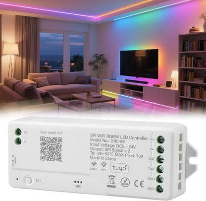 DR04W WiFi SPI 5~24V RGB Controller - Designed for Addressable LED Strip Lights, Compatible with Alexa Google Home Siri Smart Life Tuya APP Control Work with RC03RF WR01RF 2.4G RF Remoter etc