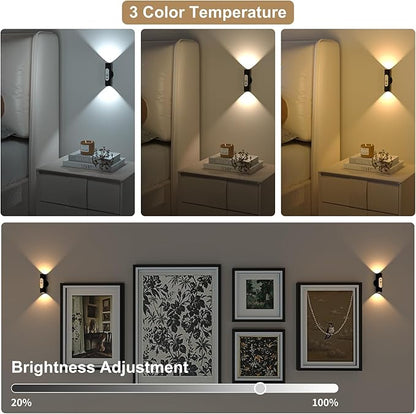WOBSION Motion Sensor Wall Light with Remote Control, Rechargeable Wireless Wall Sconce, Brightness Adjustable, 3 Color Mode,Indoor Lamp for Hallway, Bedroom,Picture,LED,Black,2 Pack