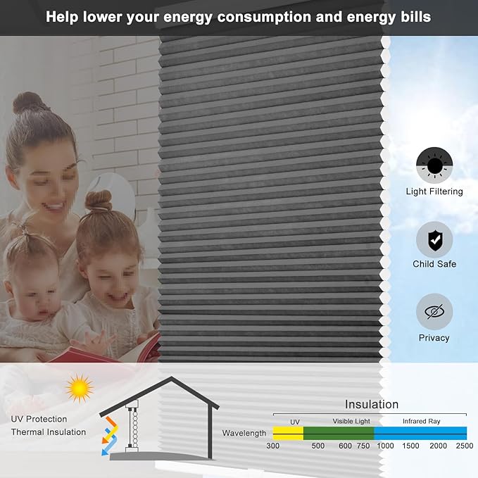 Changshade Custom Cordless Cellular Window Blinds, Light Filtering Pleated Honeycomb Shades, 1.5 inch Single Cell Cellular Shades for Home, Bedroom, Bathroom, French Door, Black, JZCMC-CEL-BK-D