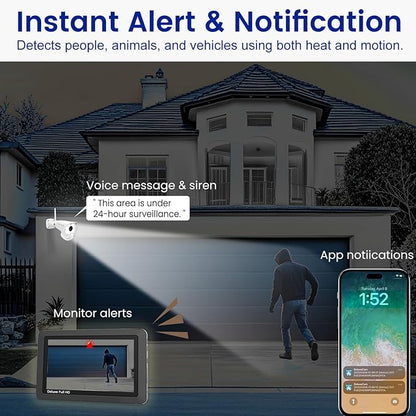 CasaCam Deluxe Wireless Security Camera System | 2 1080p Floodlight Cameras and one 7" Touchscreen Monitor | AC Powered, Two-Way Audio, Free APP, 32GB SD Card and Battery Installed, Model VS5002