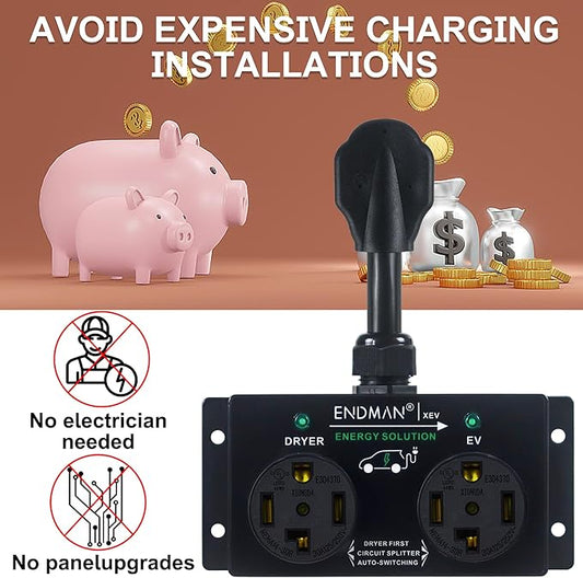 Automatic Power Switch for Dryer and EV Charger (NEMA 14-30P Only) - Intelligent Splitter Sharing 240V Outlet - Level 2 Home Charging Station for Renters - Compatible with Tesla & All EVs