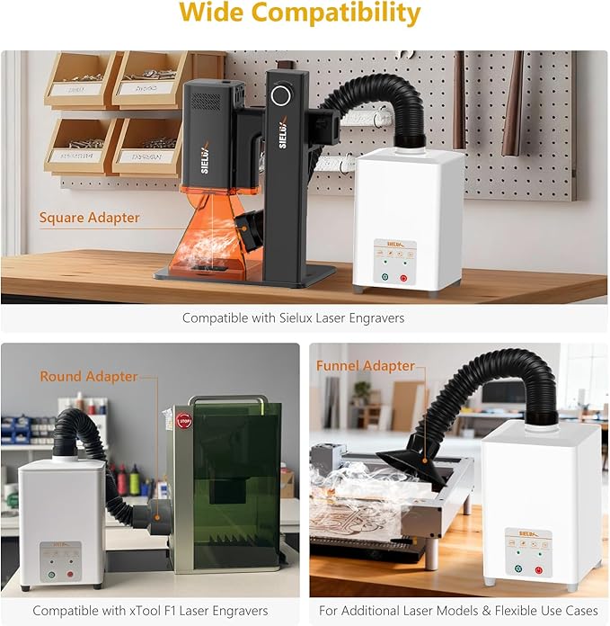 Desktop Fume Extractor for Laser Engraving, HEPA & Activated Carbon Filtration System, 99.97% Smoke & Dust Capture, 168m³/h Suction, Multi-Adapter for Sielux & xTool F1, Low Noise, 110V–220V