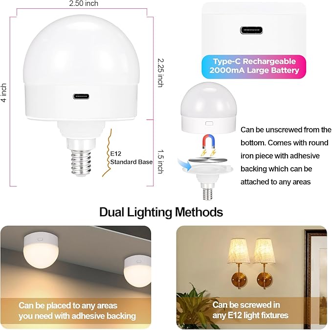 Yochoice E12 Rechargeable Battery Operated Light Bulb with Remote, Dimmable LED Bulb with 15 Colors Selectable & 3 Timer, Wireless Detachable Puck Light Bulb for Wall Sconce, Non-Hardwired