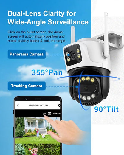 6MP Dual Lens Outdoor Security Camera Outdoor, WiFi Home Surveillance Camera, 2.4GHz Wireless, PTZ, 355°Pan, 90°Tilt, Human Detection & Auto Tracking, 2-Way Audio, IP66, Night Vision, 24/7 recording