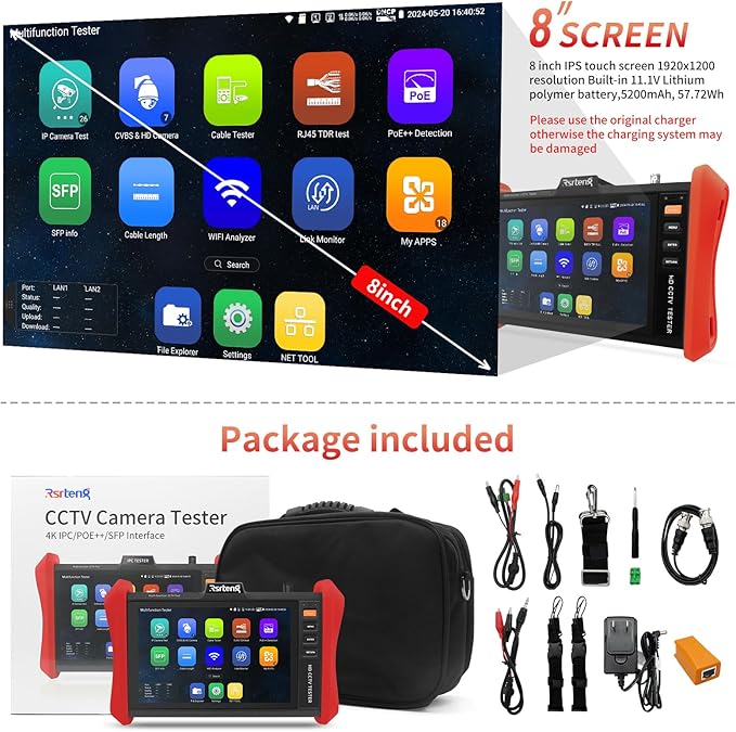 Rsrteng CCTV Tester 4K 12MP IP Camera Tester POE++ Max 90W POE Camera Test 8" 1920x1200 IPS Touch Screen 1CH SFP Module WiFi Network Tools Cable Test POE Detection Power Management APP Update