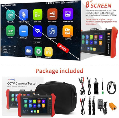 Rsrteng CCTV Tester 4K 12MP IP Camera Tester POE++ Max 90W POE Camera Test 8" 1920x1200 IPS Touch Screen 1CH SFP Module WiFi Network Tools Cable Test POE Detection Power Management APP Update