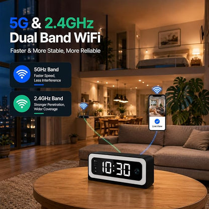 2K Alarm Clock with Camera for Home Security, 5G&2.4GHz WiFi Digital Clock Camera with Color Night Vision, AI Motion Detection, SD/Cloud Storage, Indoor Baby Pet Elderly Monitor