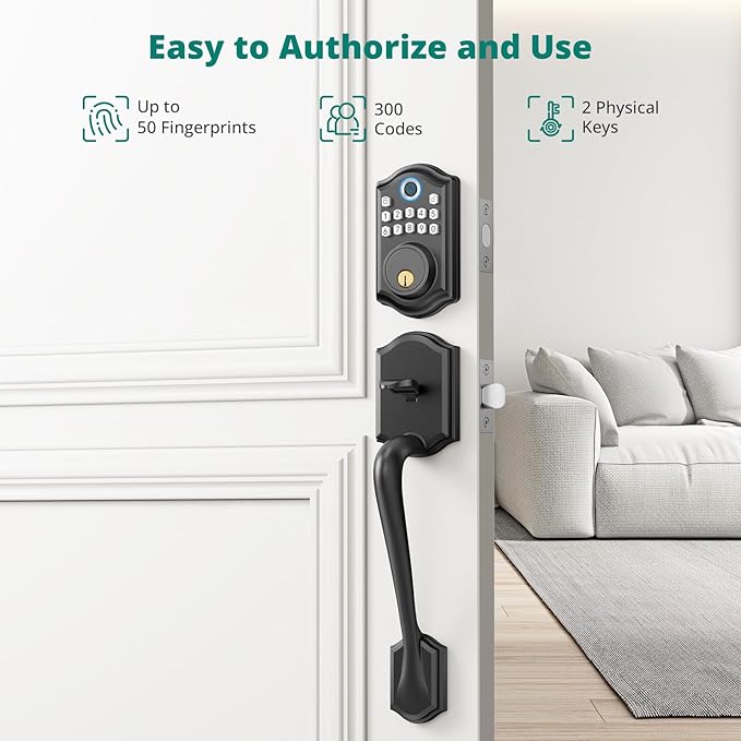 AkaGear DS10 Keyless Entry Door Locks - Keypad Lock with Handle Set, Fingerprint Deadbolt, Smart Locks for Front Doors, Auto-Lock & One Touch Locking, 2 Keys, Easy Installation - Matte Black