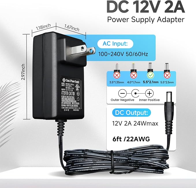 Power Adapter AC 100-240V to DC 12V 2A (2000mA) & 4-Way Power Splitter Cable for CCTV Security Cameras/DVR/NVR/LED Strip Lights/Routers and More, UL/FCC/CE Certificated (6ft)