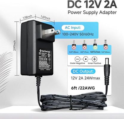 Power Adapter AC 100-240V to DC 12V 2A (2000mA) & 4-Way Power Splitter Cable for CCTV Security Cameras/DVR/NVR/LED Strip Lights/Routers and More, UL/FCC/CE Certificated (6ft)
