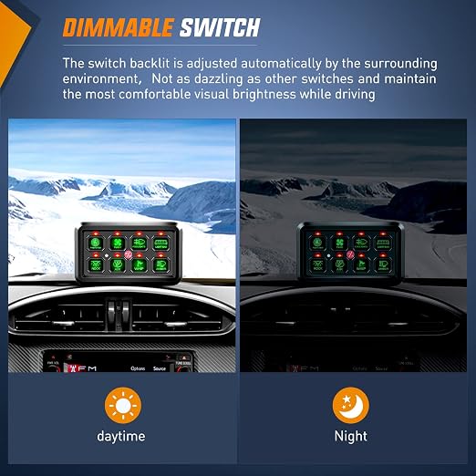 Nilight 8 Gang Switch Panel System Circuit Control Relay System Fuse Wiring Harness Automatic Dimmable ON Off LED Switch Pod for 12V Cars Trucks Campers SUV, 2 Years Warranty | Universal Circuit Control Fuse Wiring Harness ON Off Green Backlit LED Pod ...
