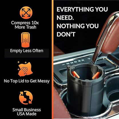 Trash Trapper Car Trash Can Cup Holder | Mini Car Trash Can | Fits in Most Doors | 5.1" x 2.9" | Traps More & Empties Less, Patent-Pending Compaction, Holds Weeks of Small Garbage, Black