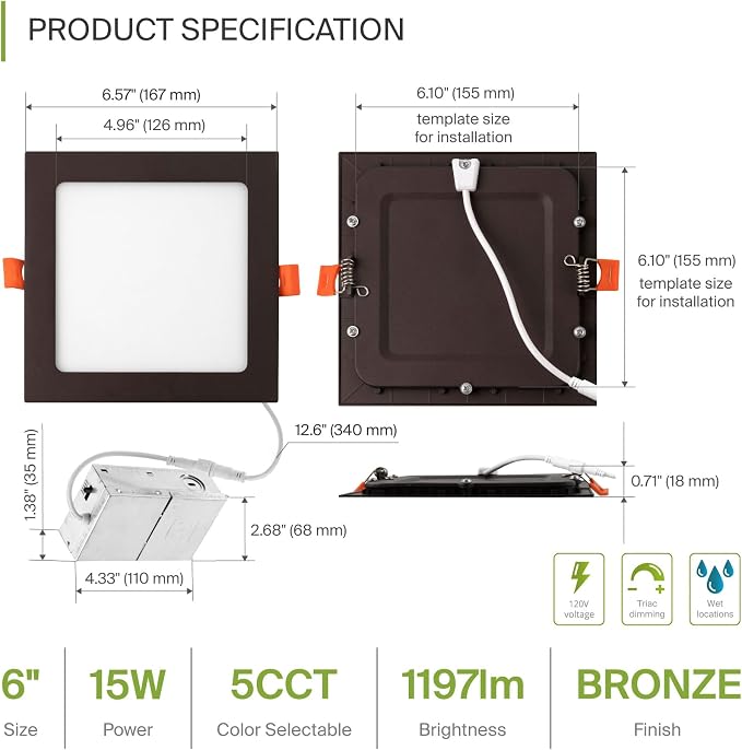 ASD 12 Pack LED Square Recessed Lighting 6 Inch, 5 CCT 2700K-5000K, 15W 60W Eqv, Ultra Thin Dimmable Ceiling Lights with J Box, Canless Wafer Downlight, Slim Panel, UL Energy Star, Oil-Rubbed Bronze