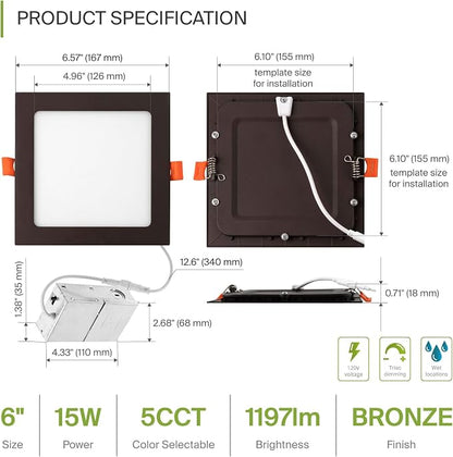 ASD 12 Pack LED Square Recessed Lighting 6 Inch, 5 CCT 2700K-5000K, 15W 60W Eqv, Ultra Thin Dimmable Ceiling Lights with J Box, Canless Wafer Downlight, Slim Panel, UL Energy Star, Oil-Rubbed Bronze