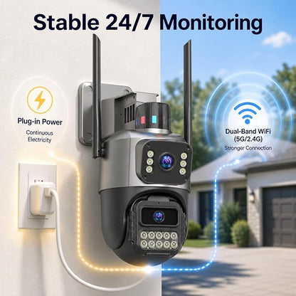 Outdoor Camera, Plug-in Security Camera Outdoor, Dual Lens PTZ 6MP, 6X Digital Zoom, Auto Tracking, Color Night Vision, 5G/2.4G Dual-Band WiFi, 2-Way Audio, IP66 Waterproof