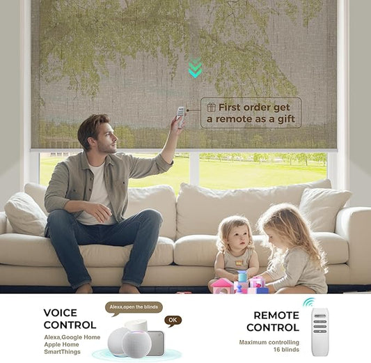 HeyBlinds Motorized Blinds with Remote, Smart Roller Shades with App & Voice Control, Work with Alexa Google HomeKit, Light Filtering Custom Window Shades for Living Room Office (Starry-Cappuccino LF)